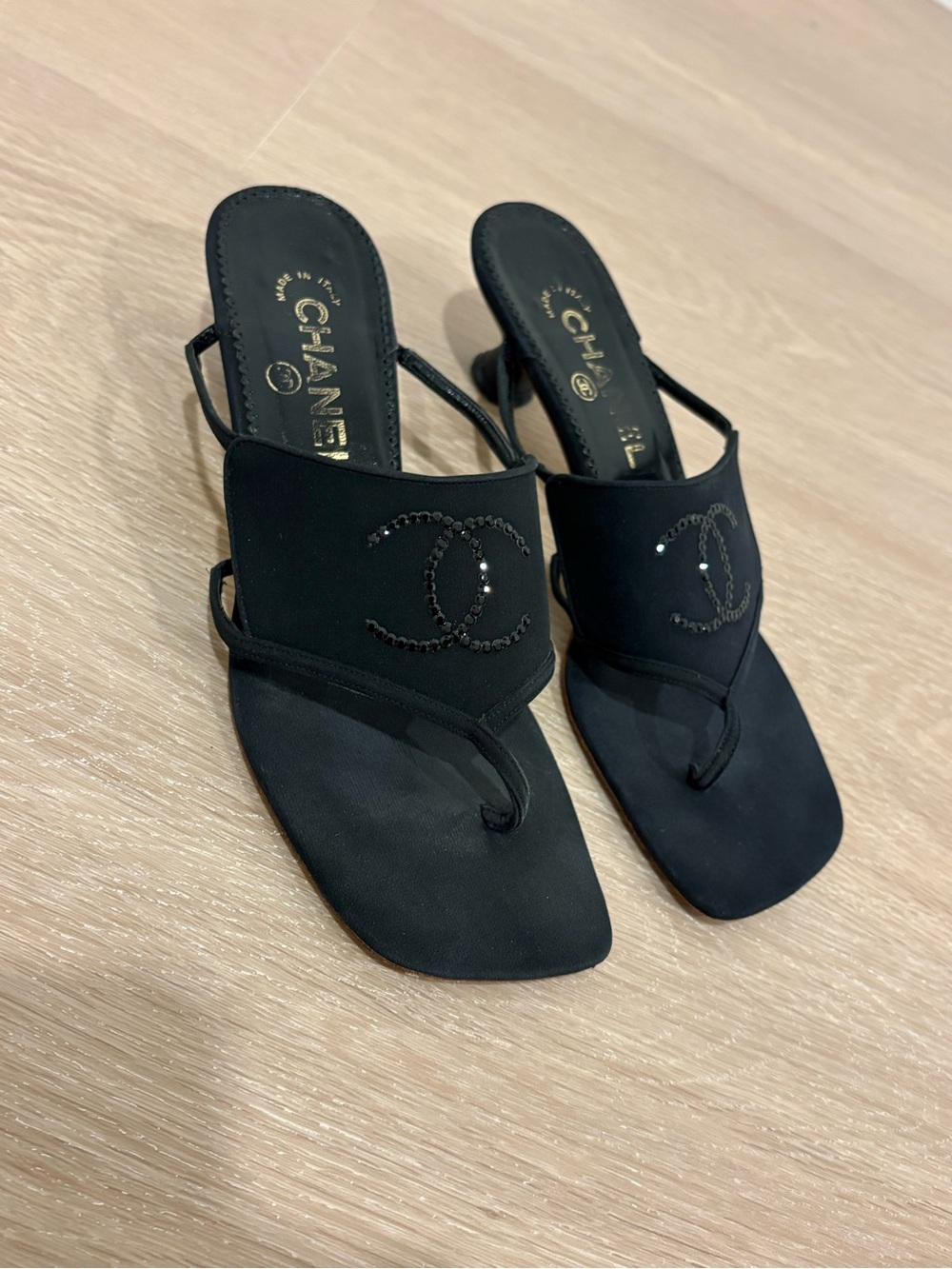 CHANEL Black Rhinestone CC Thong Mules / Heels
